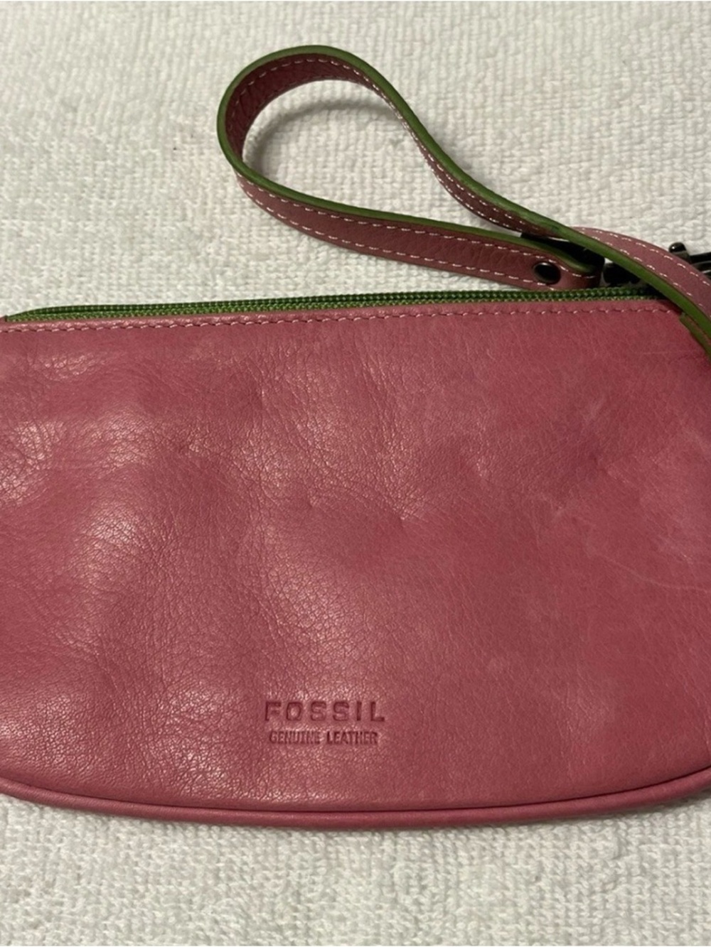 Fossil Pink Leather Wristlet with Green Trim